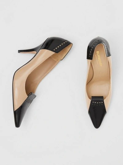 Shop Burberry Brogue Detail Two-tone Leather Pumps In Nude Blush/black