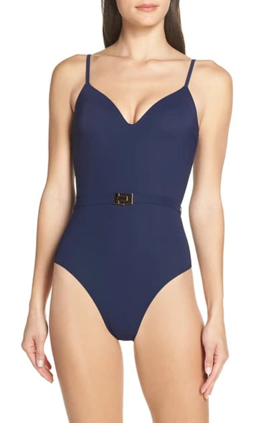 Shop Tory Burch Belted One-piece Swimsuit In Tory Navy