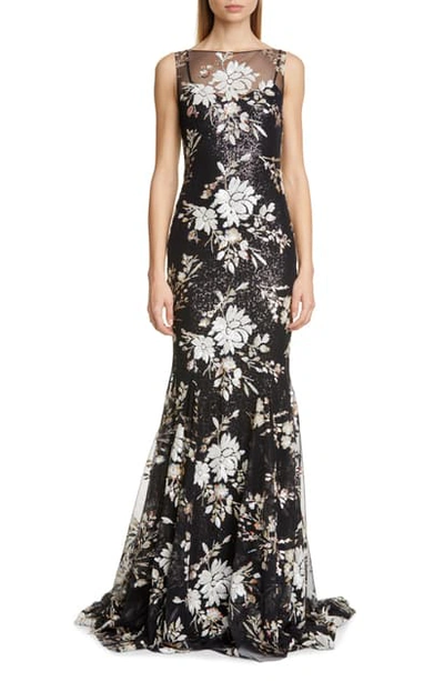 Shop Badgley Mischka Floral Sequin Trumpet Gown In Black