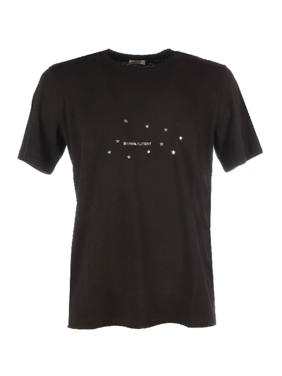 Shop Saint Laurent Logo Stars Cotton T-shirt In Noir Argent