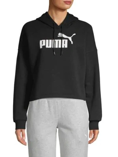 Shop Puma Cropped Logo Cotton Blend Hoodie In Black
