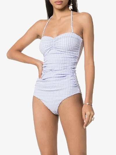 Shop Ganni Ruched Gingham Swimsuit In Blue