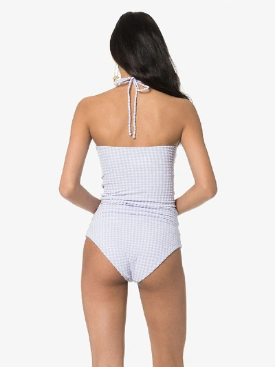 Shop Ganni Ruched Gingham Swimsuit In Blue