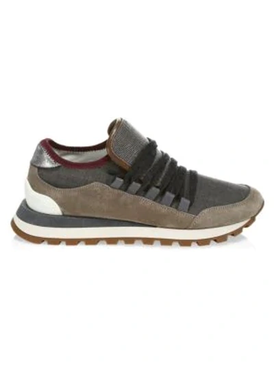 Shop Brunello Cucinelli Soft Suede & Techno Net Monili-trim Runners In Grey