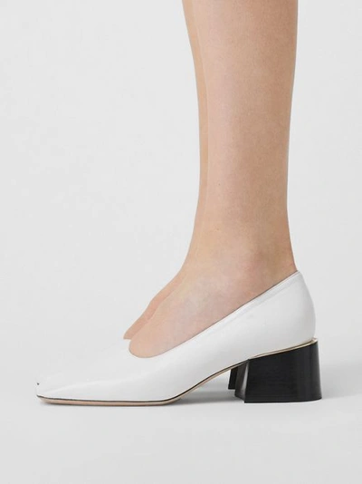 Shop Burberry Gold-plated Detail Lambskin Block-heel Pumps In White