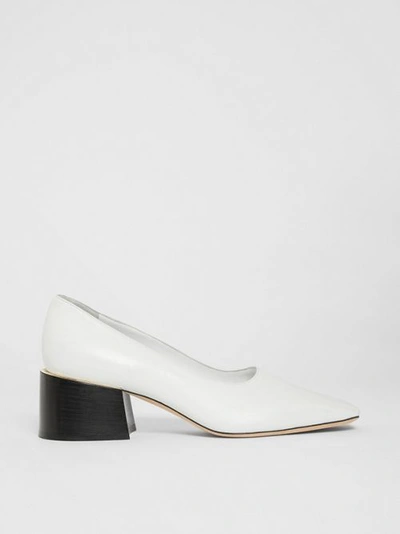 Shop Burberry Gold-plated Detail Lambskin Block-heel Pumps In White