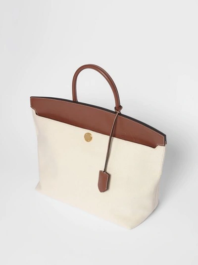 Shop Burberry Cotton Canvas And Leather Society Top Handle Bag In Natural/malt Brown