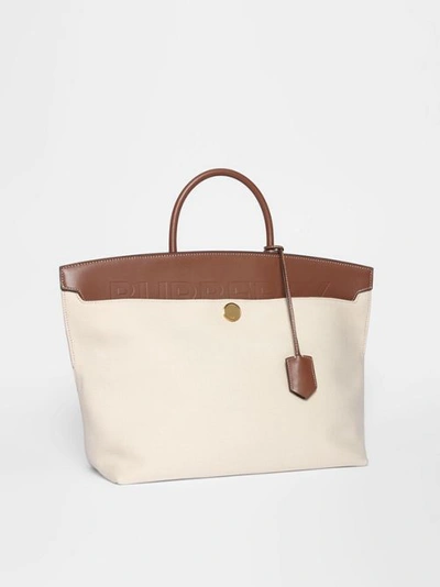 Shop Burberry Cotton Canvas And Leather Society Top Handle Bag In Natural/malt Brown