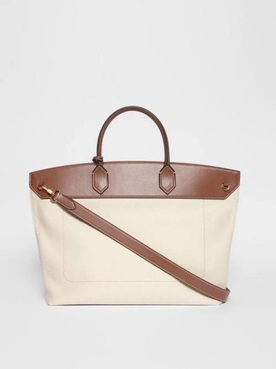 Shop Burberry Cotton Canvas And Leather Society Top Handle Bag In Natural/malt Brown