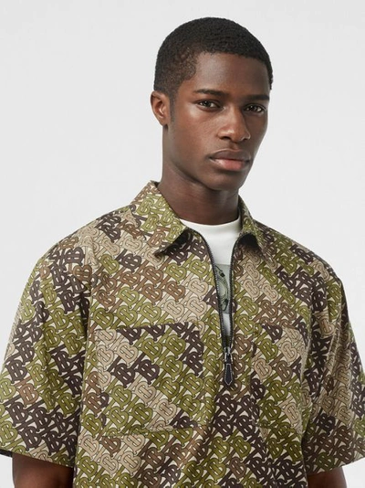 Shop Burberry Short-sleeve Monogram Print Cotton Shirt In Khaki Green