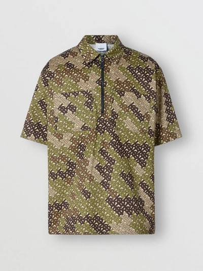 Shop Burberry Short-sleeve Monogram Print Cotton Shirt In Khaki Green