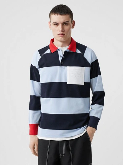 Shop Burberry Long-sleeve Striped Cotton Piqué Oversized Polo Shirt In Pale Blue/navy