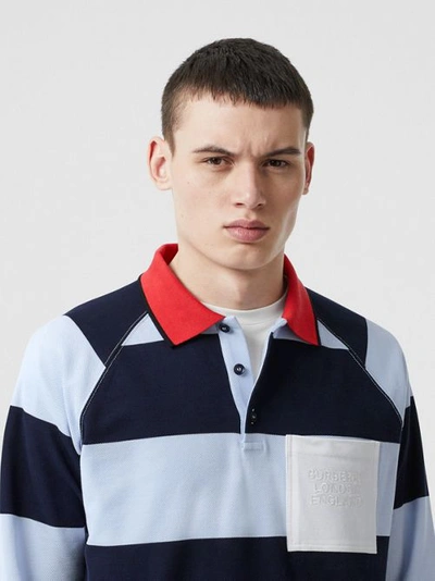 Shop Burberry Long-sleeve Striped Cotton Piqué Oversized Polo Shirt In Pale Blue/navy