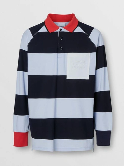 Shop Burberry Long-sleeve Striped Cotton Piqué Oversized Polo Shirt In Pale Blue/navy