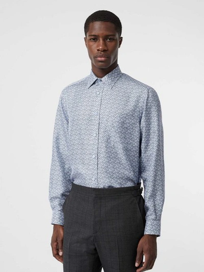 Shop Burberry Classic Fit Monogram Print Silk Twill Shirt In Pale Blue