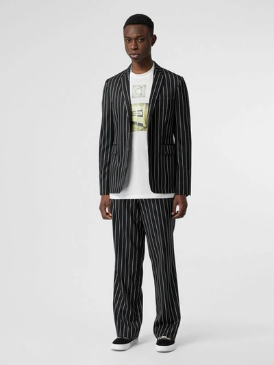 Shop Burberry Pinstriped Stretch Wool Wide-leg Tailored Trousers In Black