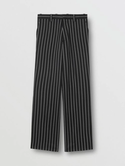 Shop Burberry Pinstriped Stretch Wool Wide-leg Tailored Trousers In Black