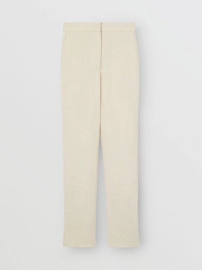 Shop Burberry Stripe Detail Wool Silk Linen Tailored Trousers In Sesame