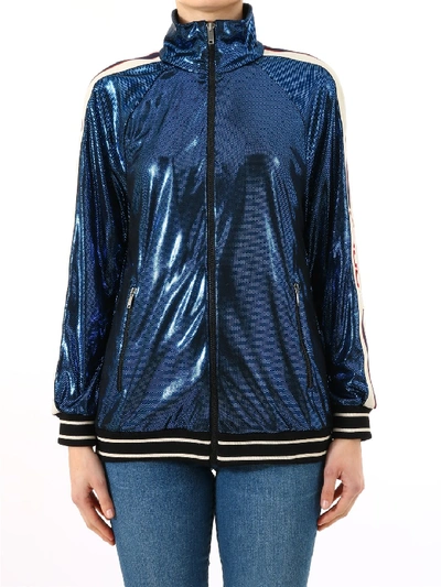 Shop Gucci Logo Stripe Zipped Jacket In Blue