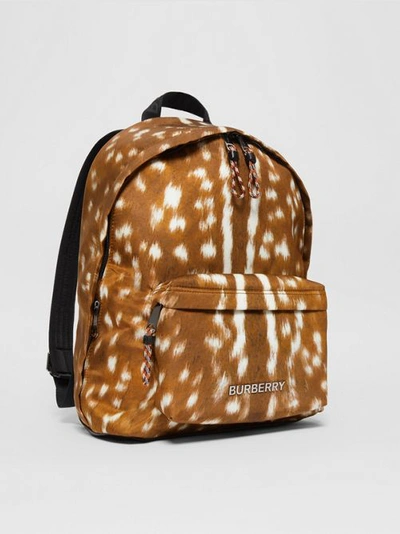 Shop Burberry Deer Print Nylon Backpack In Tan/white