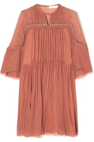 Shop Chloé Embellished Gathered Silk-crepon Mini Dress In Taupe