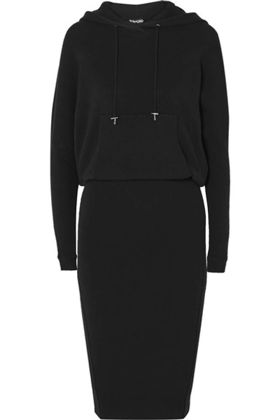Shop Tom Ford Hooded Ribbed Cashmere-blend Dress In Black