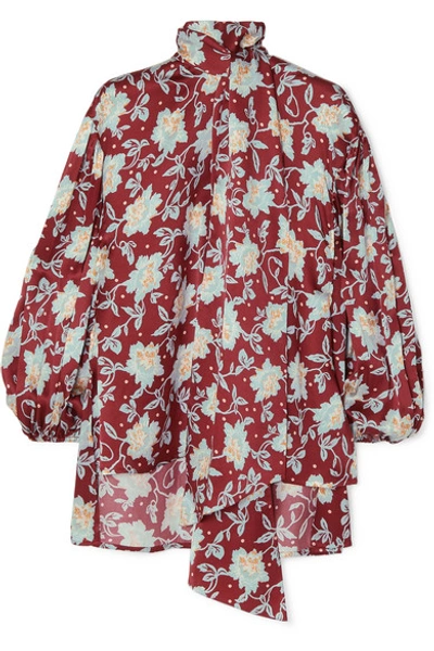 Shop Chloé Pussy-bow Floral-print Hammered-silk Blouse In Burgundy