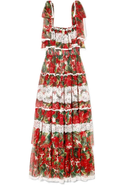 Shop Dolce & Gabbana Tiered Lace-paneled Floral-print Silk-blend Voile Gown In Red