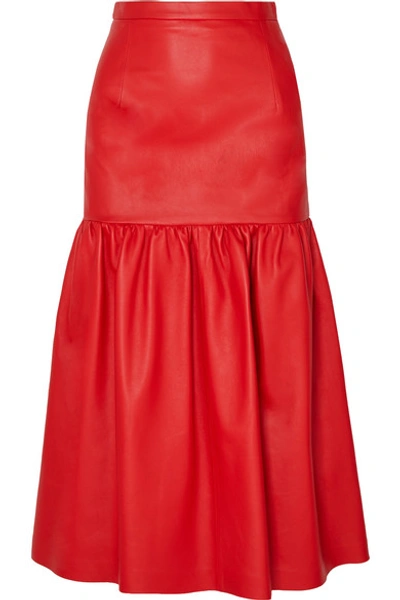 Shop Christopher Kane Gathered Leather Midi Skirt In Red