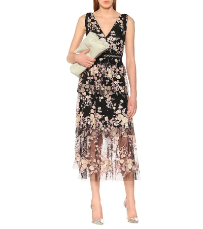 Shop Self-portrait Midnight Floral Embellished Dress In Black