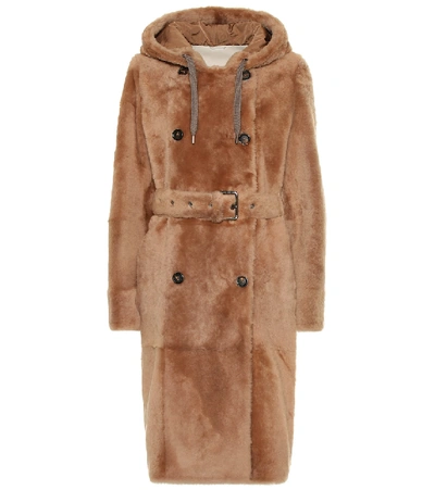 Shop Brunello Cucinelli Hooded Shearling Coat In Brown
