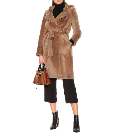 Shop Brunello Cucinelli Hooded Shearling Coat In Brown