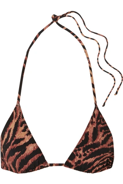 Shop Ganni Tiger-print Triangle Bikini Top In Brown