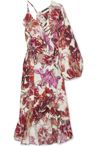 Shop Rotate Birger Christensen Asymmetric Ruffled Floral-print Crepe Wrap Dress In Purple