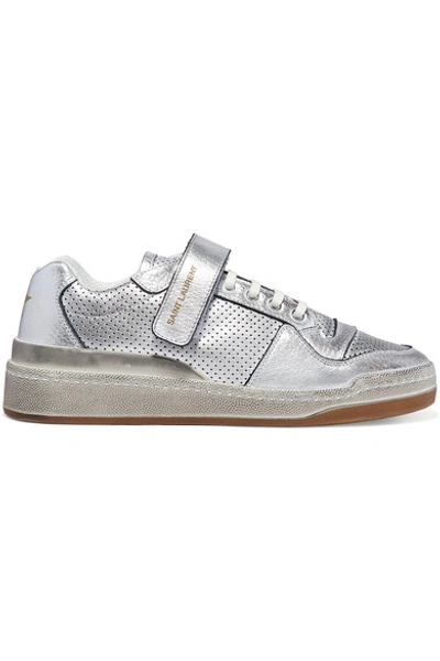 Shop Saint Laurent Travis Logo-print Distressed Perforated Metallic Leather Sneakers In Silver