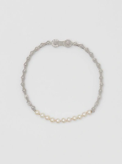 Shop Burberry Pearl Detail Bicycle Chain Palladium-plated Necklace In Silver