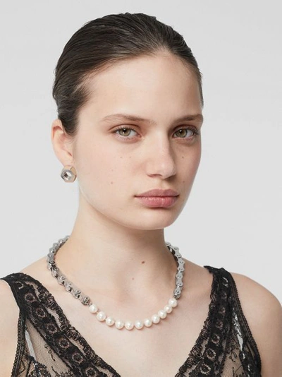 Shop Burberry Pearl Detail Bicycle Chain Palladium-plated Necklace In Silver