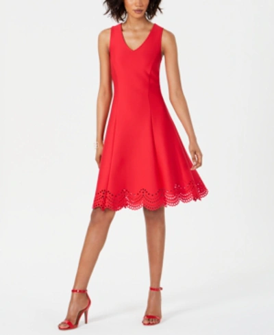 Shop Donna Ricco Fit & Flare Lasercut-hem Dress In Cherry
