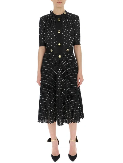 Shop Prada Polka Dot Pleated Midi Dress In Multi