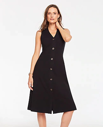 Shop Ann Taylor Petite Button Front Ribbed Knit Flare Dress In Black