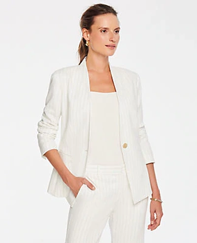 Shop Ann Taylor Petite Pinstriped Cutaway Blazer In White Multi