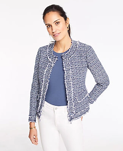 Shop Ann Taylor Petite Framed Fringe Tweed Jacket In Blue Multi