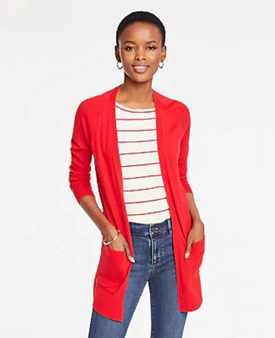 Shop Ann Taylor Pointelle Pocket Open Cardigan In Real Red