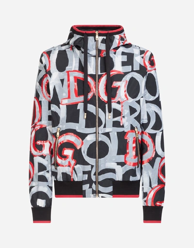 Shop Dolce & Gabbana Jacket With Hood In Graffiti Printed Nylon In Black