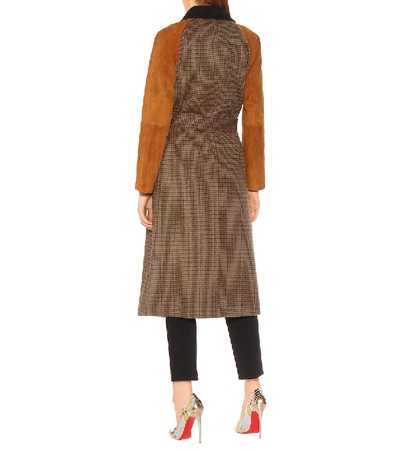 Shop Ferragamo Checked Wool And Suede Trench Coat In Brown