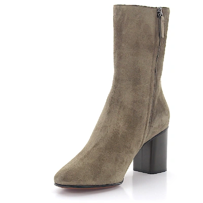 Shop Chloé Ankle Boots Calfskin Suede Decorative Button Embossing Olive In Grey