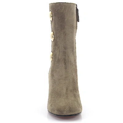 Shop Chloé Ankle Boots Calfskin Suede Decorative Button Embossing Olive In Grey