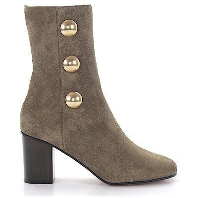 Shop Chloé Ankle Boots Calfskin Suede Decorative Button Embossing Olive In Grey