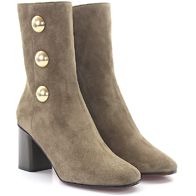 Shop Chloé Ankle Boots Calfskin Suede Decorative Button Embossing Olive In Grey