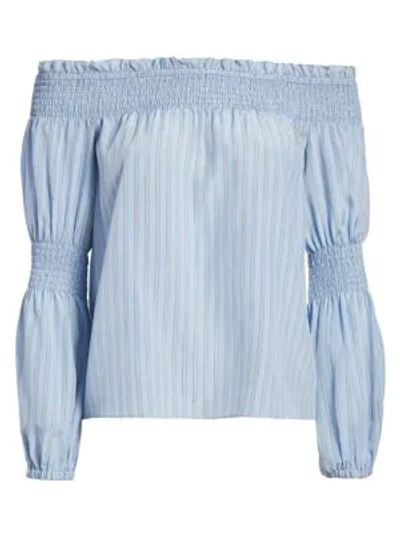 Shop L Agence Mona Stripe Silk Off-the-shoulder Blouse In Sky Blue Multi Stripe